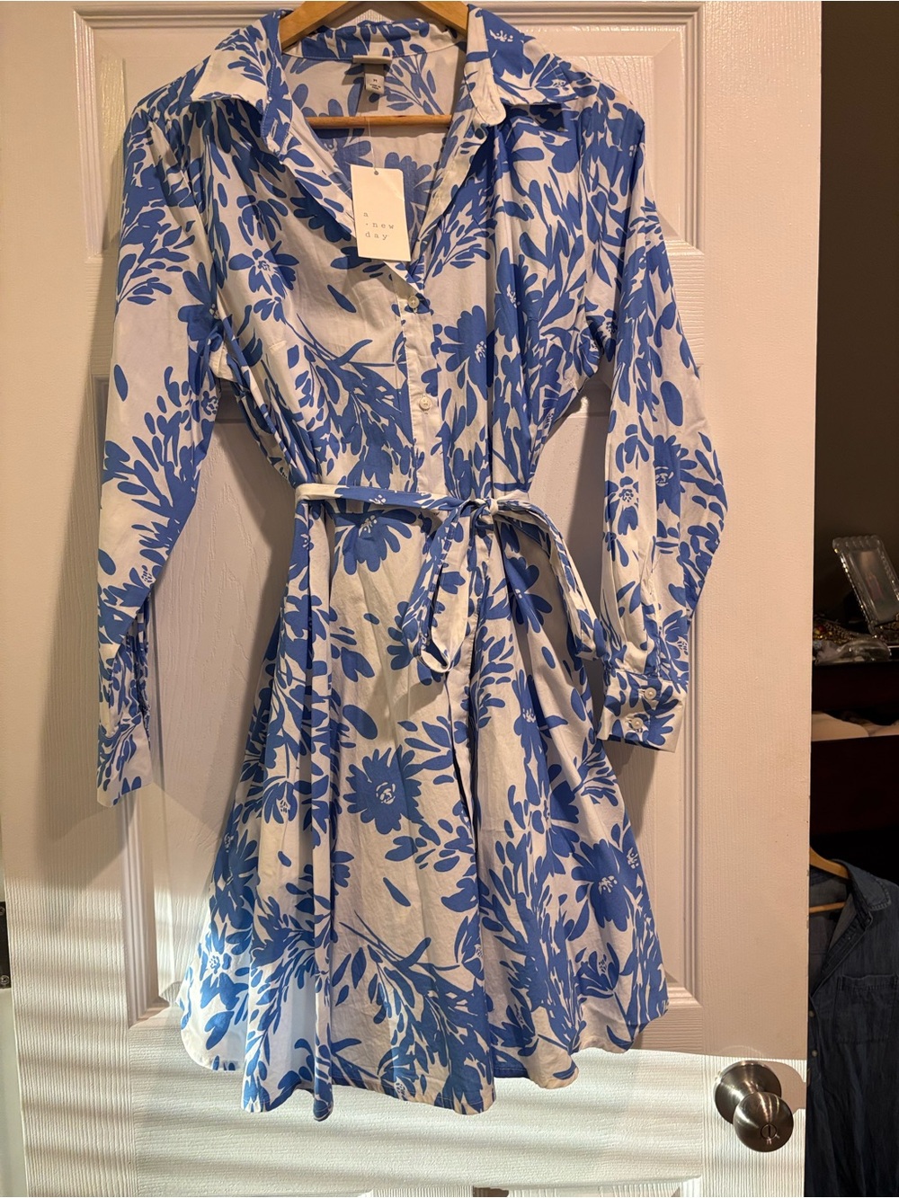 a new day Blue and White Floral Long Sleeve Shirt Dress with Waist Tie